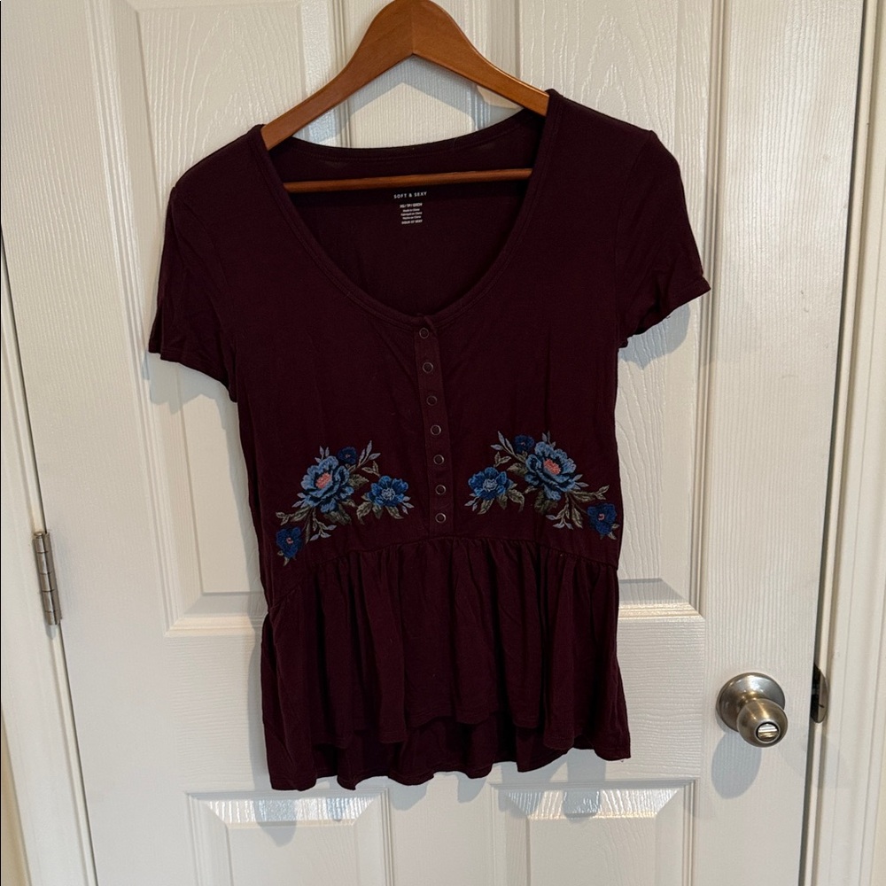 American Eagle Outfitters Burgundy Top with Blue Floral Design
